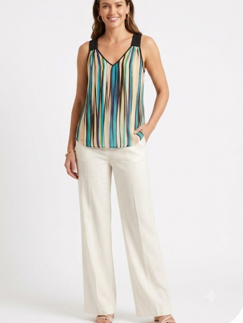 Trina Turk 100% Silk Multicolor Striped Tank Top Size M V-Neck Sleeveless